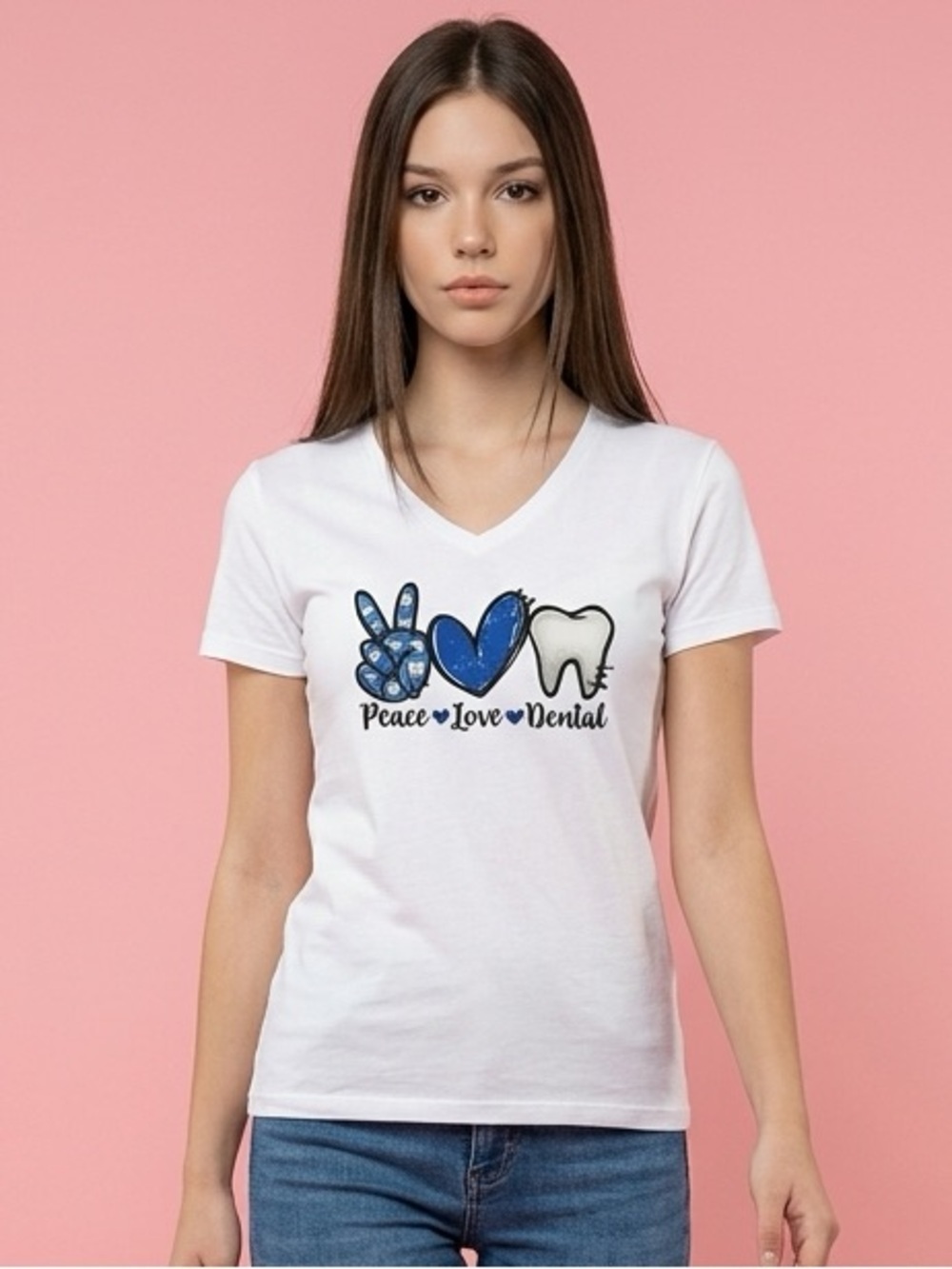EUC - Ladies V Neck White “Peace Love Dental” T-Shirt Size Medium